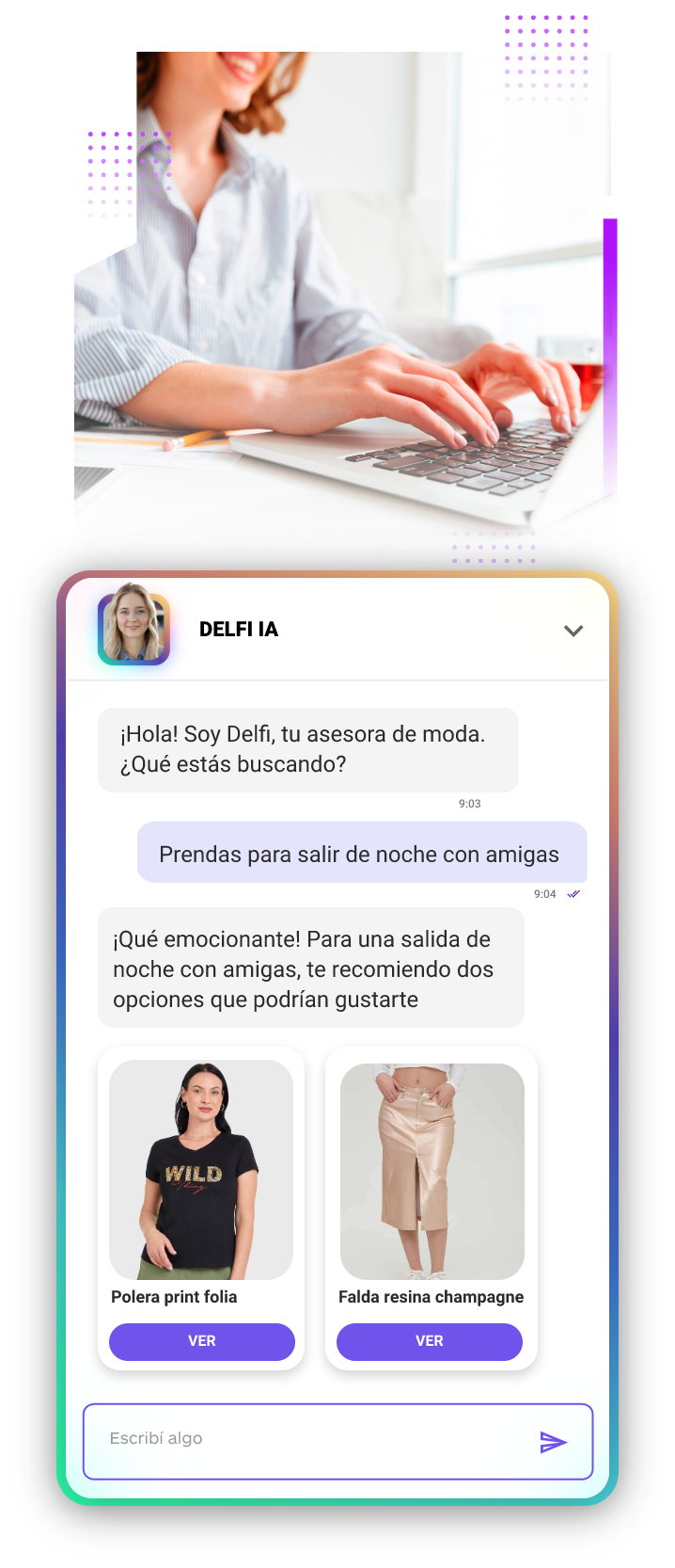 Usuario chatea con la asistente virtual Delfi especializada en moda