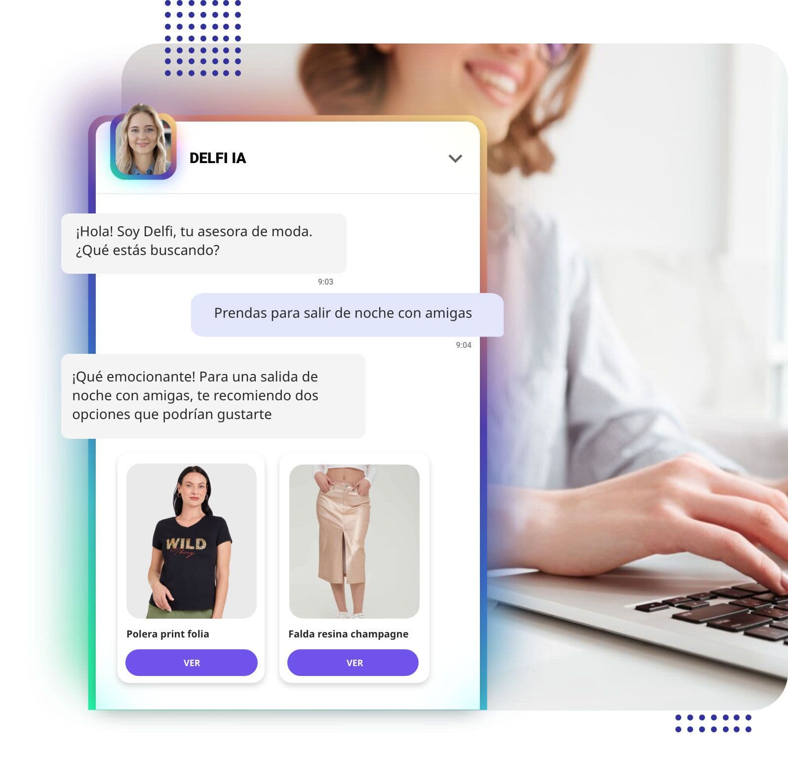 Usuario chatea con la asistente virtual Delfi especializada en moda